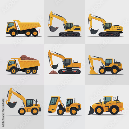 Collection of yellow construction vehicles including excavators dump trucks and loaders