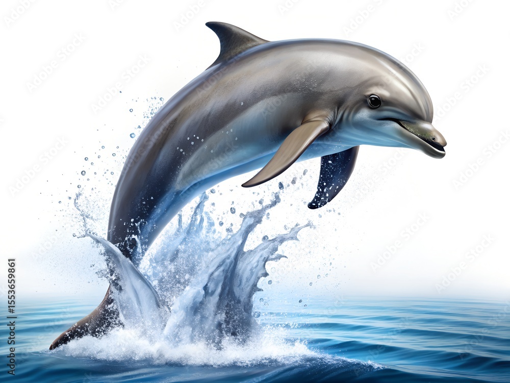 Fototapeta premium A dolphin leaps out of the water isolated on white background