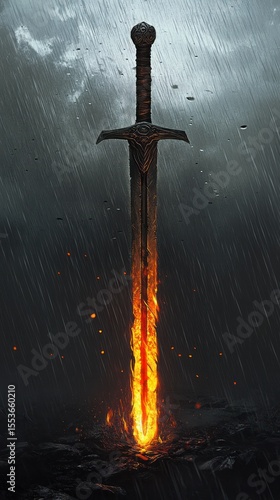 Fiery sword in rain