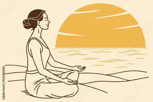 A woman sits gracefully in lotus pose, her hands resting lightly in a mudra as the golden sunset reflects off the calm sea.