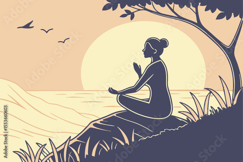 A peaceful woman practices yoga at sunrise, her hands steady in mudra as she embraces mental calm by the endless ocean.