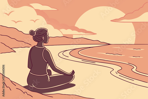 A moment of mental clarity as a woman meditates on the beach, her mudra reflecting harmony beneath the sunset sky.