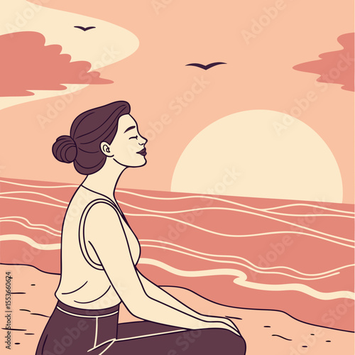 The soft hues of sunset reflect in the ocean as a woman sits cross-legged, her mind immersed in peaceful meditation.