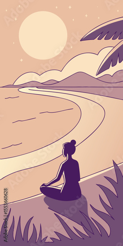 On the sandy beach, a yogi finds peace, her breath steady and hands poised, welcoming the day’s first or last light.