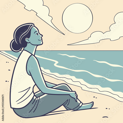 With gratitude in her heart, a woman relaxes into a zen state on the beach, waves lapping softly at her feet.