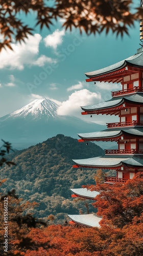 Wallpaper Mural AI generator image of Japanese bridge over lake during autumn, A serene pathway lined with vibrant red maple trees, leading to a majestic Japanese-style building. Japanese gate Torontodigital.ca