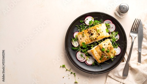 Miso Glazed Black Cod Fillet on Dark Plate with Radish Ribbons and Herbs