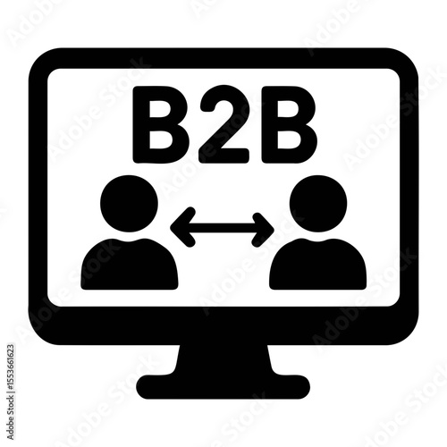 Illustration of a computer screen displaying b2b with two people and arrows between them on transparent background