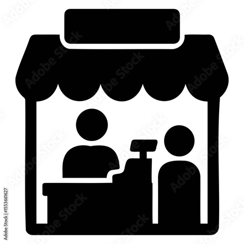Illustration of a small shop with an awning and two figures inside standing near counter on transparent background