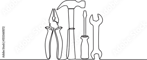 continuous single line drawing of hand tools including pliers, hammer, screwdriver, and wrench in black and white"
