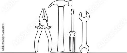continuous single line drawing of hand tools including pliers, hammer, screwdriver, and wrench in black and white"