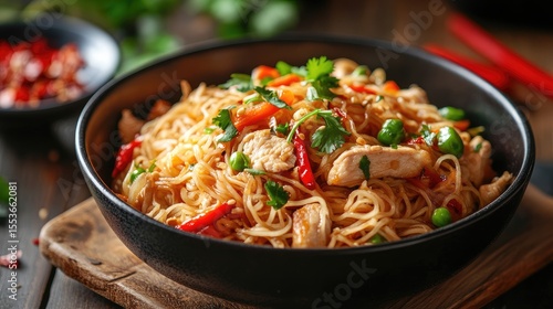 hot and spicy rice noodles with chicken and vegetables