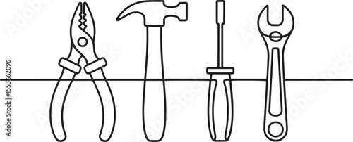 continuous single line drawing of hand tools including pliers, hammer, screwdriver, and wrench in black and white"