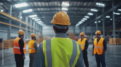 Industrial workers gather in large warehouse for safety training. Workers wear safety vests, hard hats. Instructor guides training. Group listens attentively. Pro training session on safety