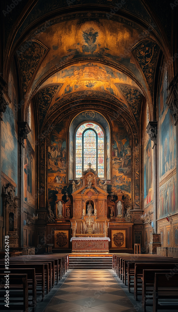 Fototapeta premium AI generator images of Ornamented Interior of Church, Abstract church interior with colorful stained glass windows and reflections, Interior of a church