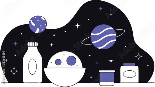 Foods like mayo, aioli, vinaigrette shown as cartoon planets orbiting around oil-water molecules like stars