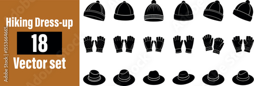 Collection of black silhouette hiking hats gloves and fedora hats for hiking dress up isolated on transparent background 