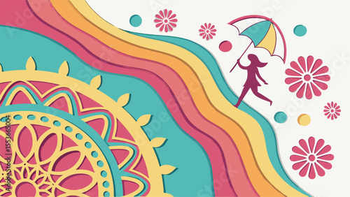 Colorful Paper Cut Artwork Featuring a Woman with an Umbrella, Flowers, and an Intricate Mandala Pattern, creating a Vibrant Scene