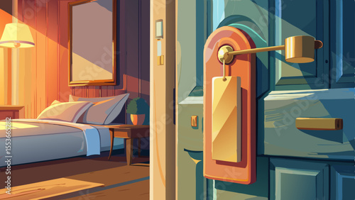 modern door handle with blank tag, leading to softly lit bedroom, evokes sense of tranquility and comfort
