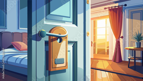 modern door handle with blank tag, leading to softly lit bedroom, evokes sense of tranquility and comfort