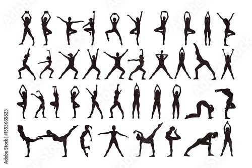 Yoga Poses Collection: A comprehensive assortment of yoga poses, each rendered as a sleek silhouette, perfect for illustrating various yoga postures and movements in a visually appealing manner.