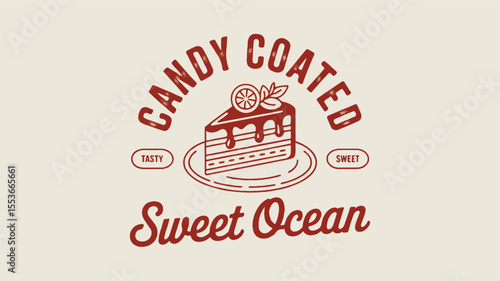 Vintage-style red ink logo of a layered cake with chocolate drizzle, fruit garnish, and retro text elements on a cream background