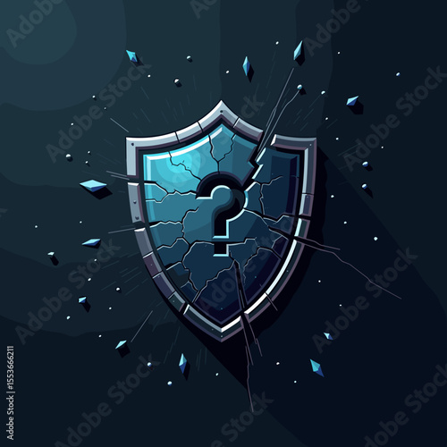 Broken shield with question mark symbolizing security and mystery  