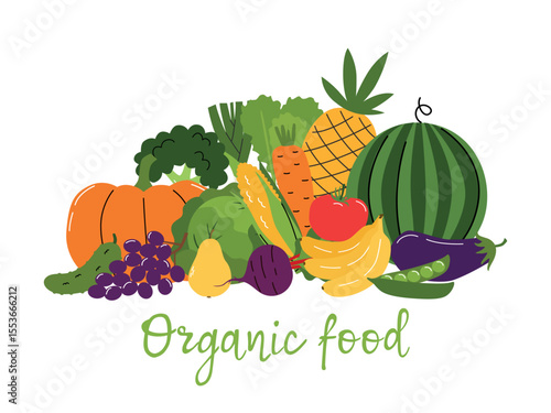 Big pile of vegetables and fruits. Organic food concept. Cartoon vector illustration