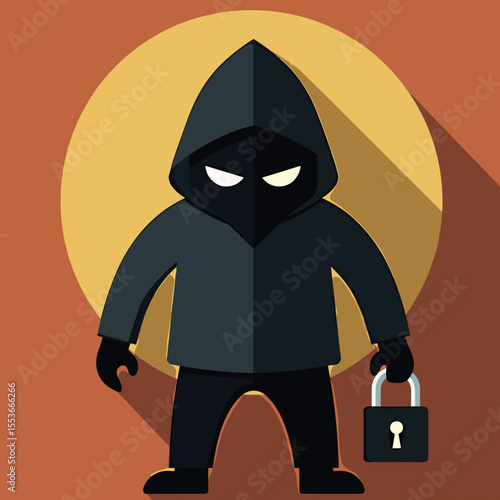 Cartoon thief holding a padlock with serious expression on background  