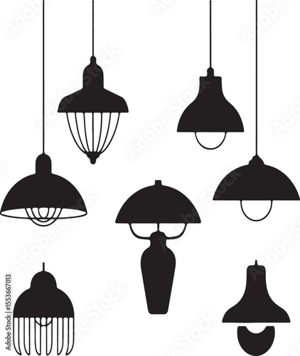 Black silhouettes of various stylish lamps and pendants for interior design and decor