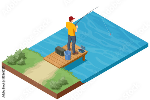Isometric man is fishing by the riverbank. The fisherman with a rod in hand, surrounded by fishing gear like a tackle box, cooler, and net. Relaxation, hobby, and nature activities.