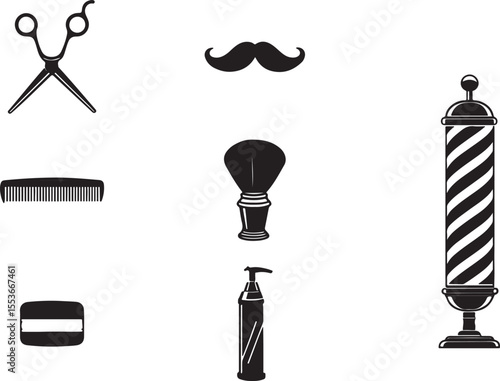 Classic Barbershop Icons Vector | Scissors Comb Pole Brush Razor Clipart Set 