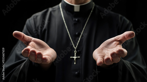 Priest with arms extended, offering help and hope wearing a clerical collar and a crucifix necklace