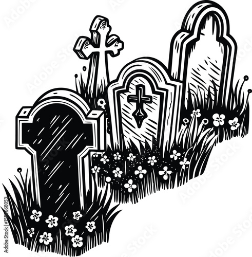 Vintage Cemetery Illustration with Tombstones Flowers and Grass in Black and White