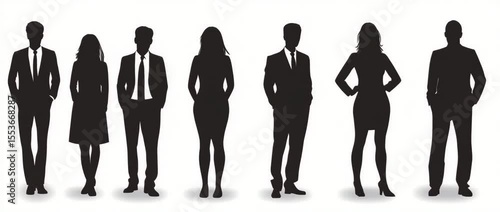 Silhouette of seven business people standing in formal attire.