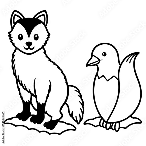 Penguin, Snowy Owl, and Arctic Fox a baby penguin standing beside a fluffy arctic fox and a snowy owl flying above