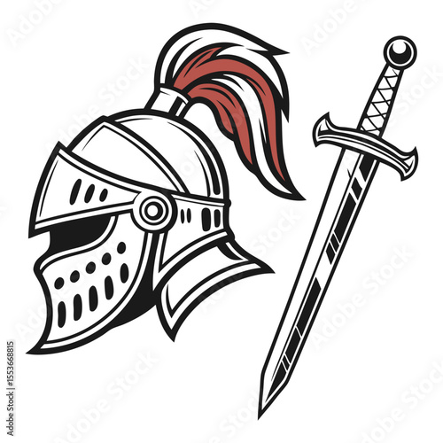 Vector knight helmet and sword icons, chivalry and medieval theme