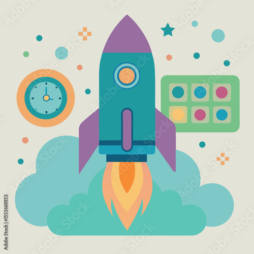 Vector rocket launchpad and countdown icons, mission liftoff theme