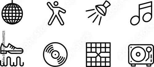 Vector Icon Set for Dance and Music, Includes Disco Ball, Music Note, and Record Player Icons