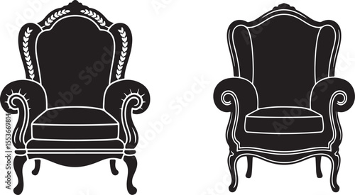 Vector illustration of two elegant classic armchairs in simple black and white silhouette style