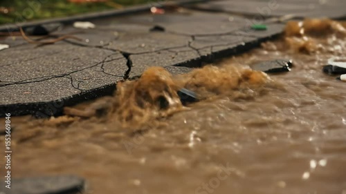 Urban flooding damages asphalt pavement close up view of damaged infrastructure