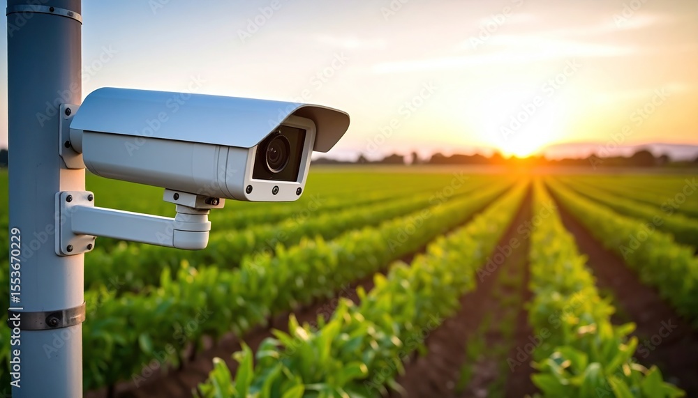 Security camera surveys rows of crops in a field at sunset, for remote monitoring. Security camera surveys rows of crops in a field at sunset, for remote monitoring.