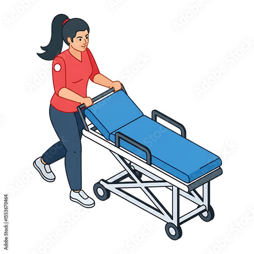 Paramedic pushing stretcher or gurney during an emergency.