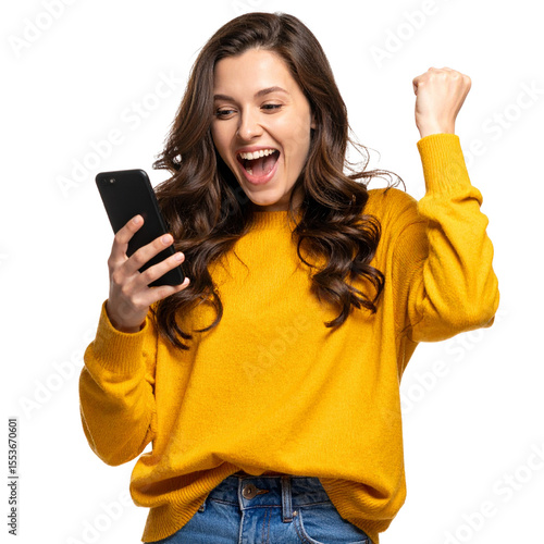 Ropped View of Overjoyed Woman with Smartphone, Screaming Yes with Victory Fist