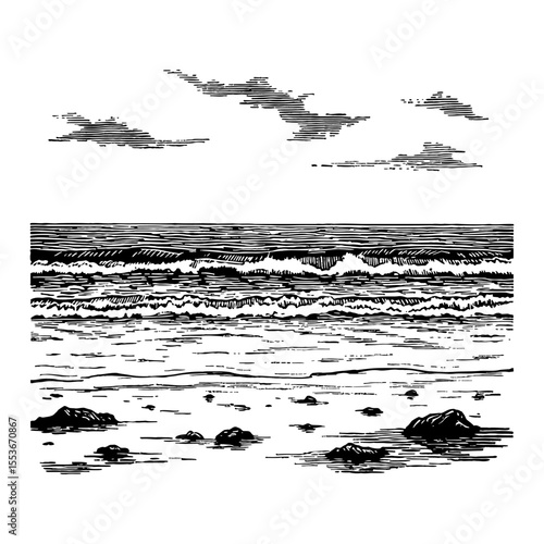 Beautiful Cloudy Beach Landscape with Ocean Waves and Rocks Black and White Outline Line Art Drawing