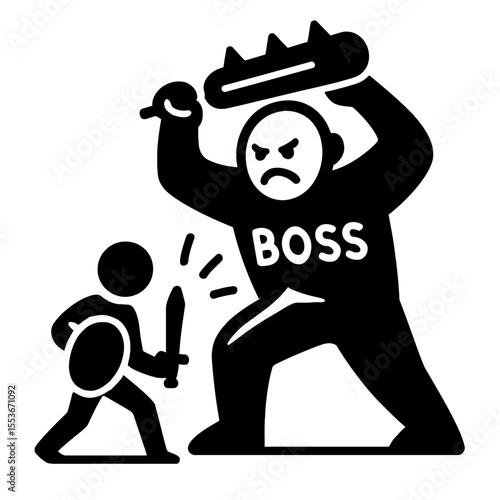 Hero Fighting Giant Boss Battle Black and White Vector - Challenge and Victory Concept