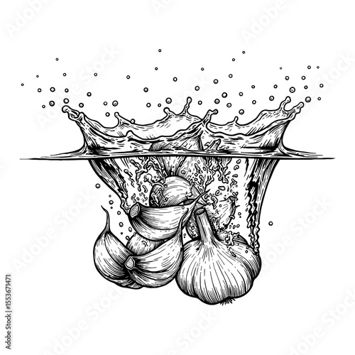 A handful of garlic cloves splashing into water creating dynamic bubbles in Black and White Outline Line Art Drawing