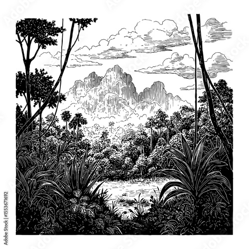 Beautiful Cloudy Rainforest Landscape with Mountains and Lake Black and White Outline Line Art Drawing