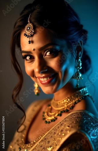 Elegant Indian woman in golden traditional attire with bridal jewelry posing gracefully under cinematic moody lighting, smiling with eyes closed and dimples visible. Generative Ai.