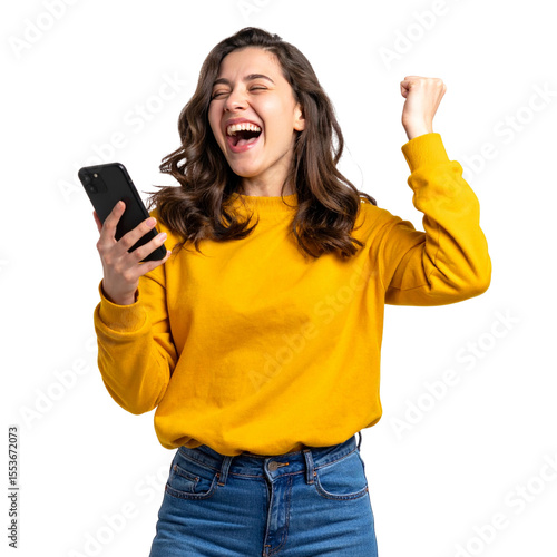 Thrilled Woman Celebrating Mobile Win with Both Hands Raised, Transparent Background